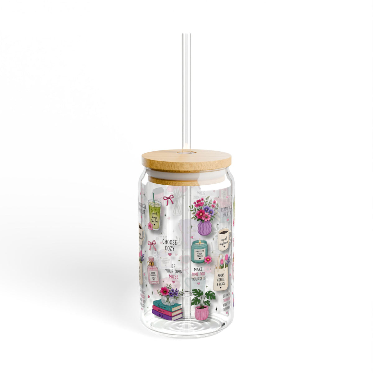 3D Patterned Sipper Glass — Cozy Coffee & Books 16oz Tumbler with Straw