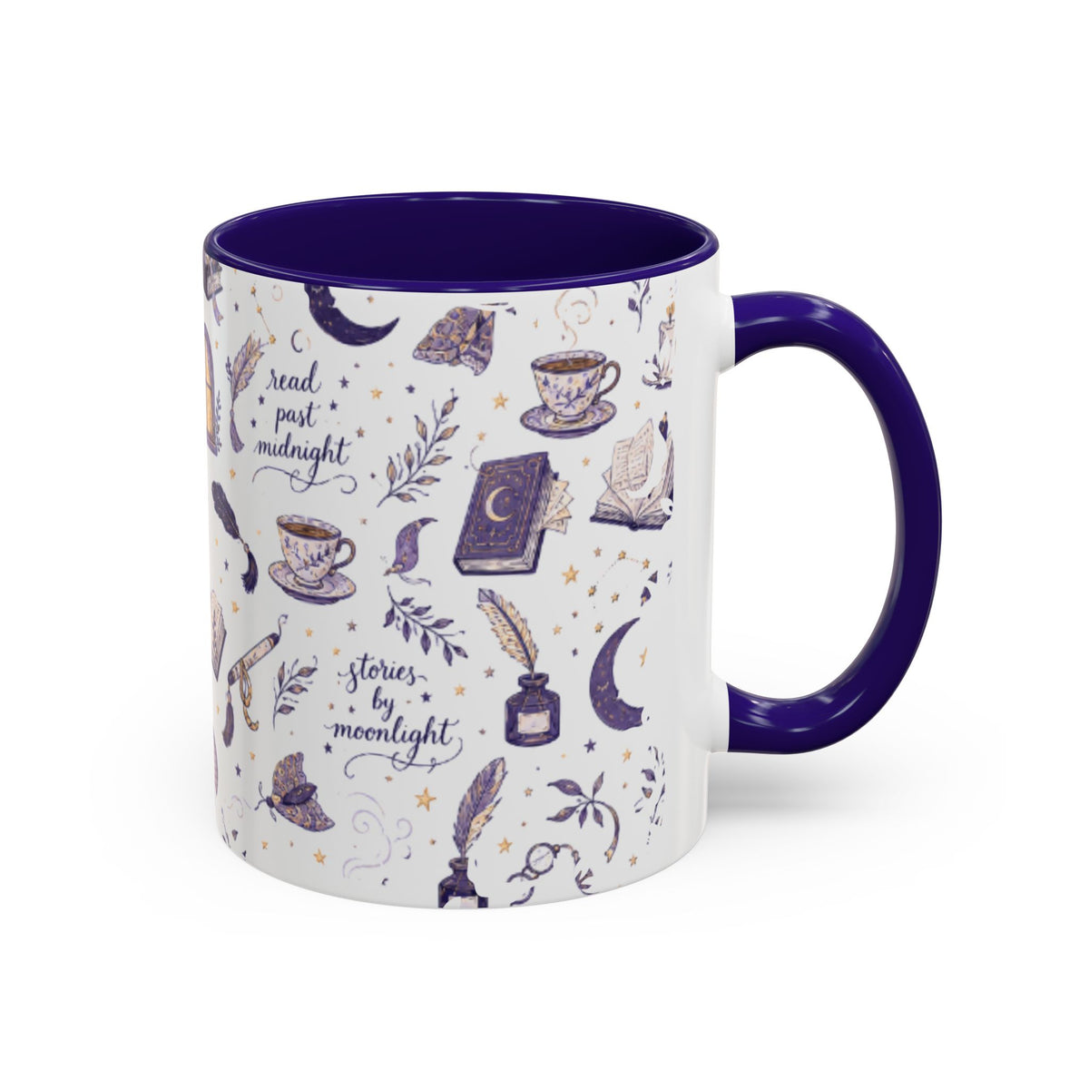 Moonlit Reading Ceramic Mug — Purple Magical Book & Tea Pattern (11oz/15oz)