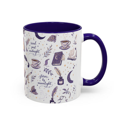 Moonlit Reading Ceramic Mug — Purple Magical Book & Tea Pattern (11oz/15oz)