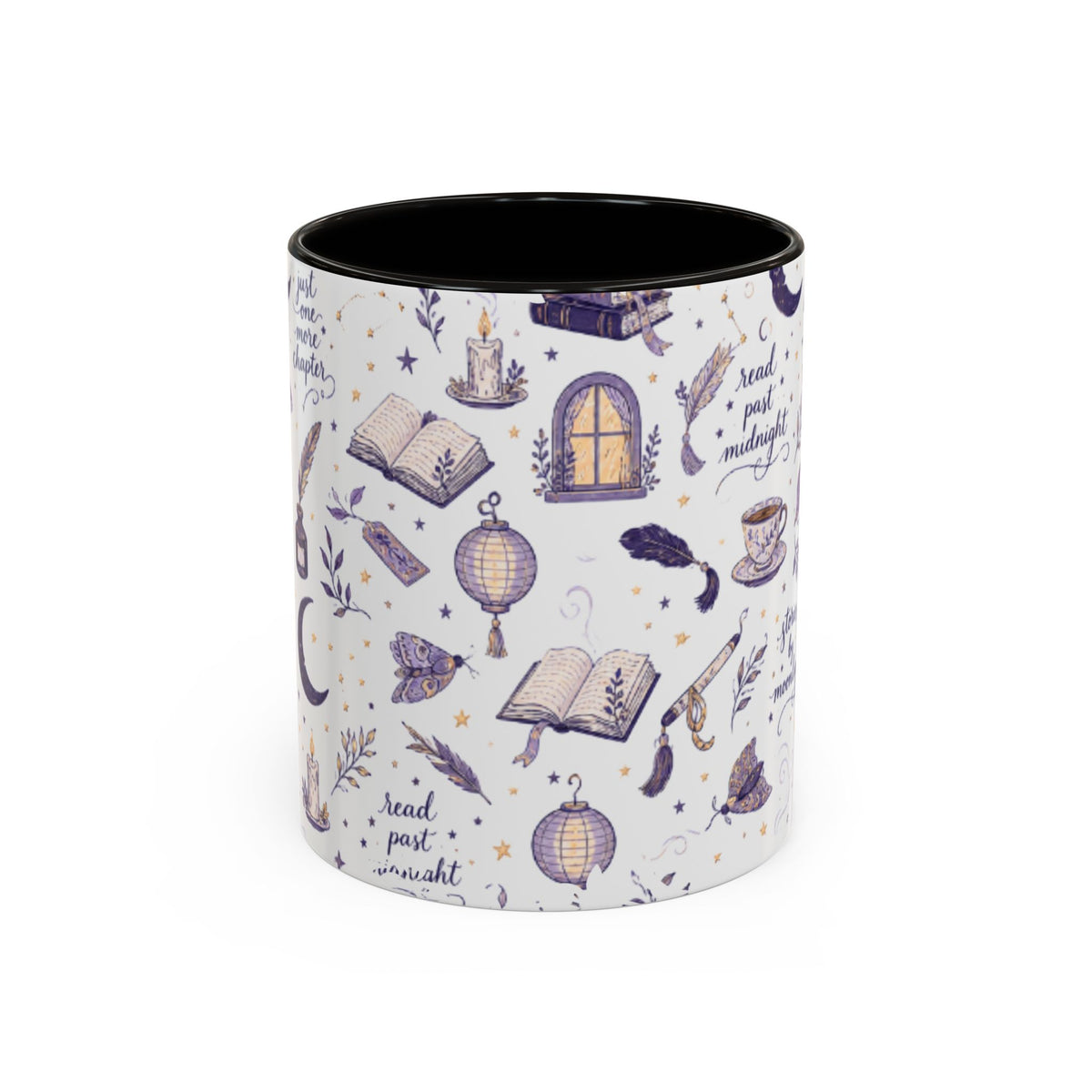 Moonlit Reading Ceramic Mug — Purple Magical Book & Tea Pattern (11oz/15oz)
