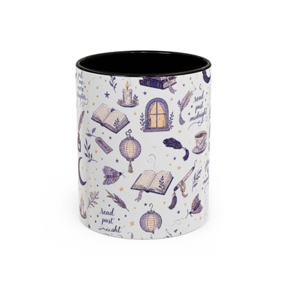 Moonlit Reading Ceramic Mug — Purple Magical Book & Tea Pattern (11oz/15oz)