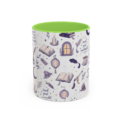 Moonlit Reading Ceramic Mug — Purple Magical Book & Tea Pattern (11oz/15oz)