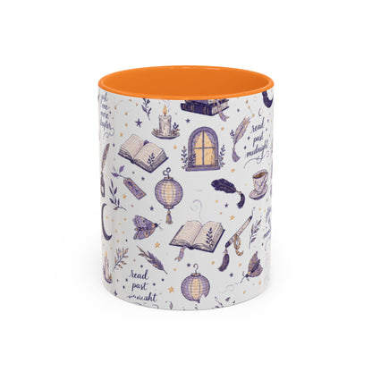 Moonlit Reading Ceramic Mug — Purple Magical Book & Tea Pattern (11oz/15oz)
