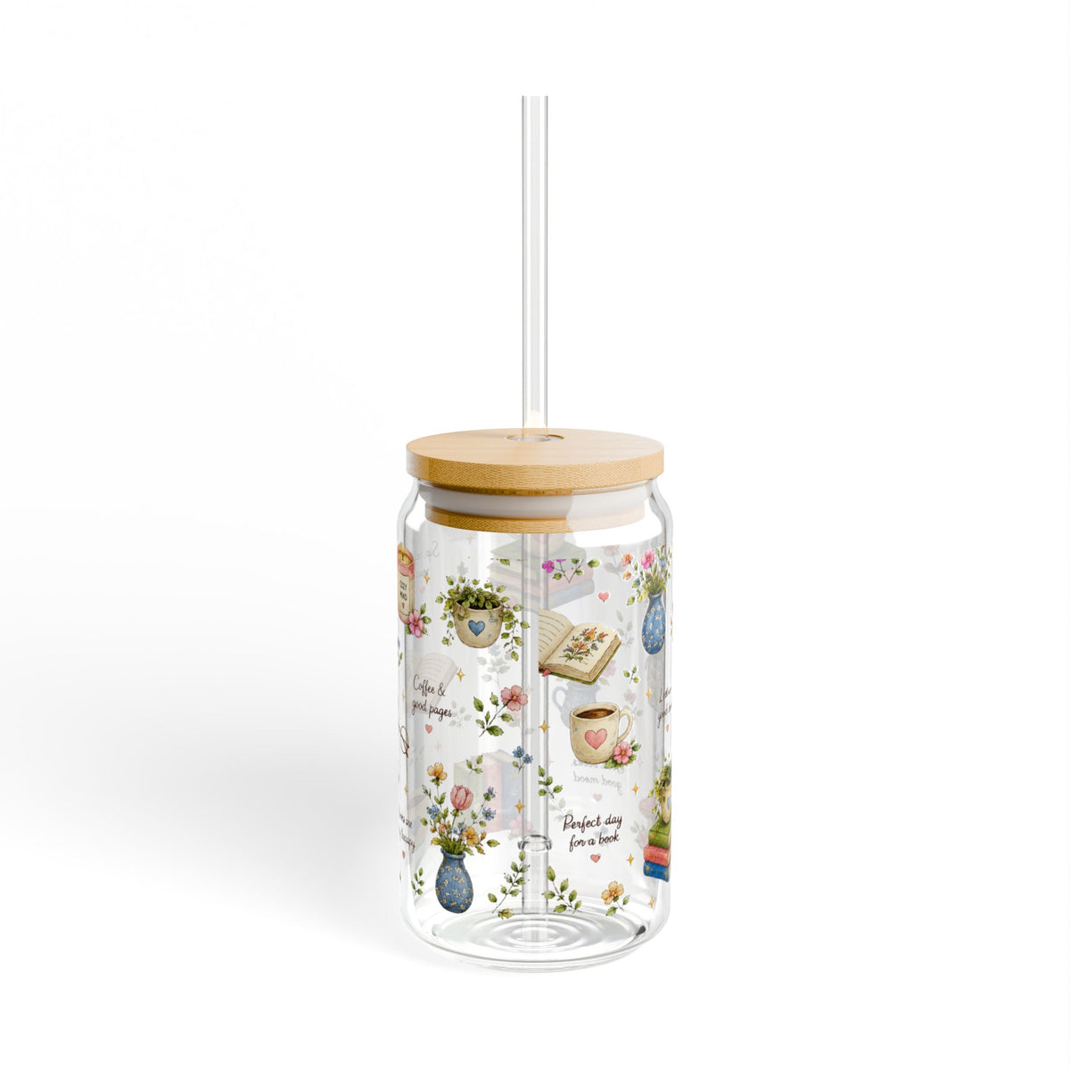 Book Lover Glass Sipper Tumbler — Floral Books & Tea Cozy Design