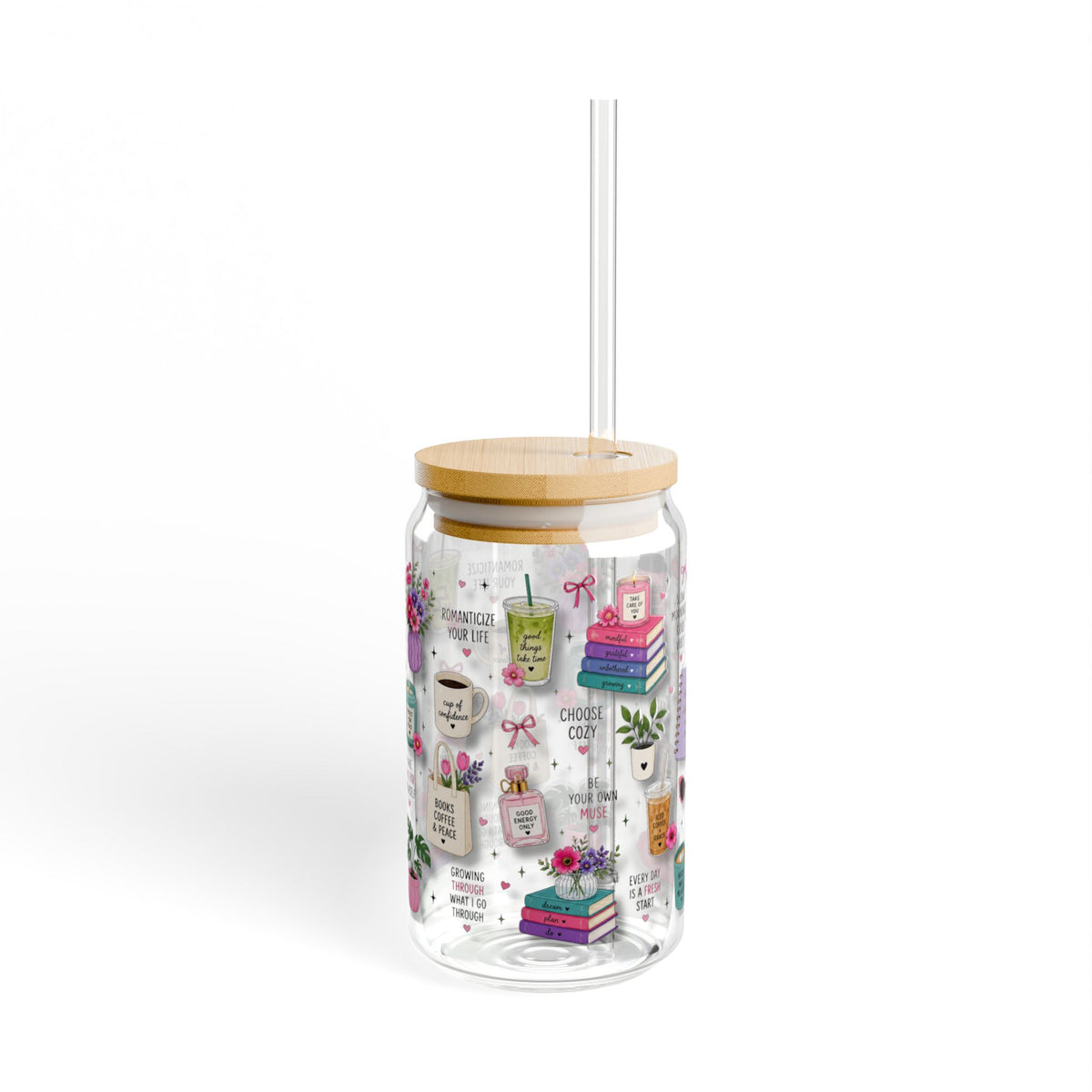 3D Patterned Sipper Glass — Cozy Coffee & Books 16oz Tumbler with Straw