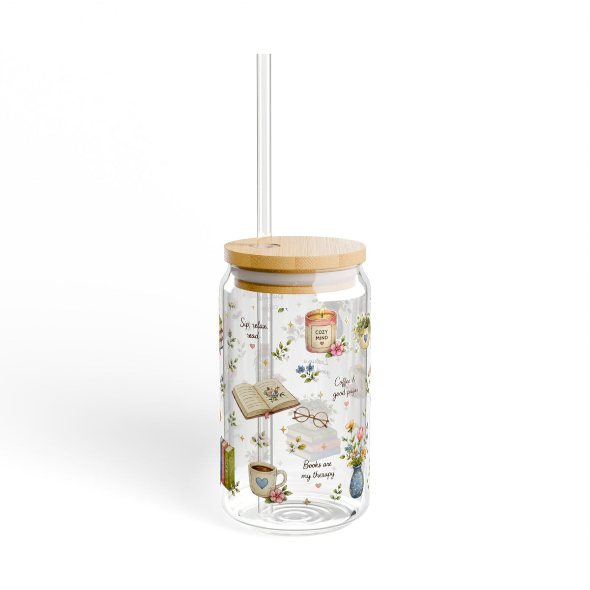 Book Lover Glass Sipper Tumbler — Floral Books & Tea Cozy Design