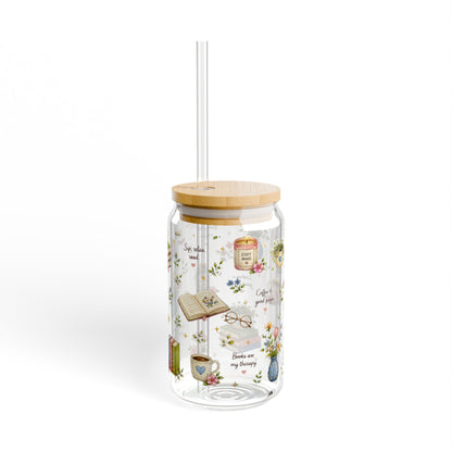 Book Lover Glass Sipper Tumbler — Floral Books & Tea Cozy Design