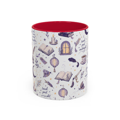 Moonlit Reading Ceramic Mug — Purple Magical Book & Tea Pattern (11oz/15oz)