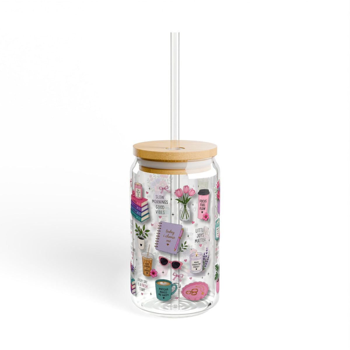 3D Patterned Sipper Glass — Cozy Coffee & Books 16oz Tumbler with Straw