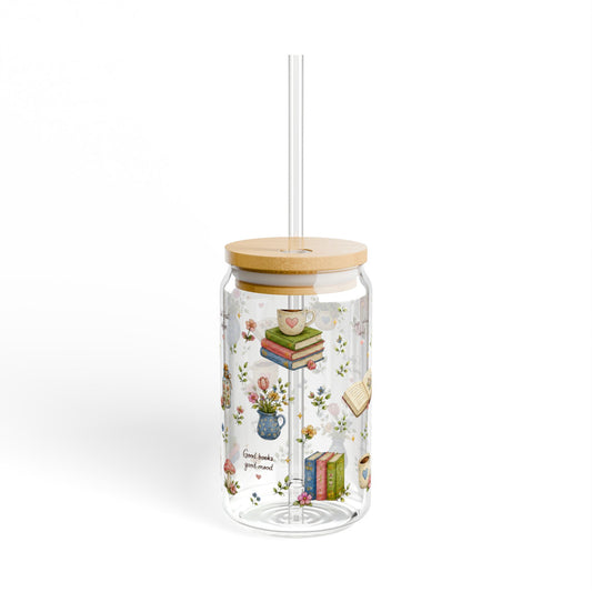 Book Lover Glass Sipper Tumbler — Floral Books & Tea Cozy Design