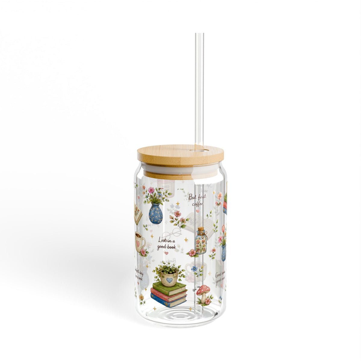 Book Lover Glass Sipper Tumbler — Floral Books & Tea Cozy Design