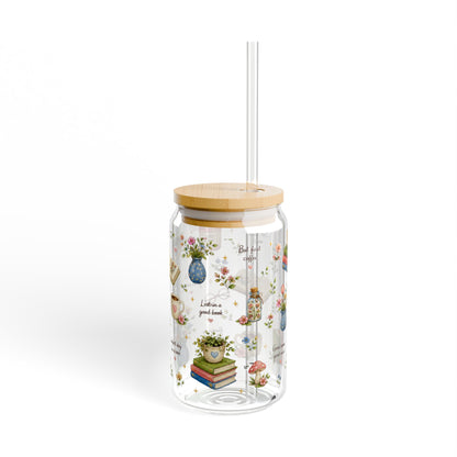 Book Lover Glass Sipper Tumbler — Floral Books & Tea Cozy Design