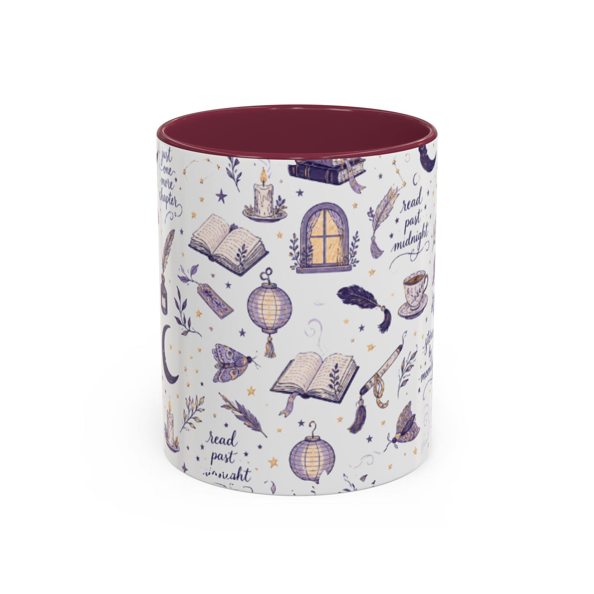 Moonlit Reading Ceramic Mug — Purple Magical Book & Tea Pattern (11oz/15oz)
