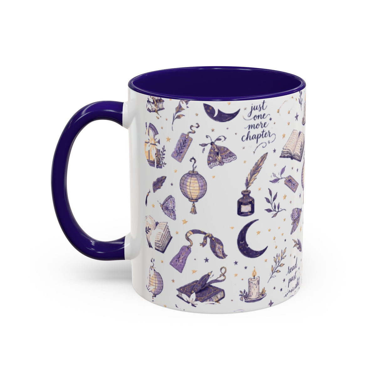 Moonlit Reading Ceramic Mug — Purple Magical Book & Tea Pattern (11oz/15oz)