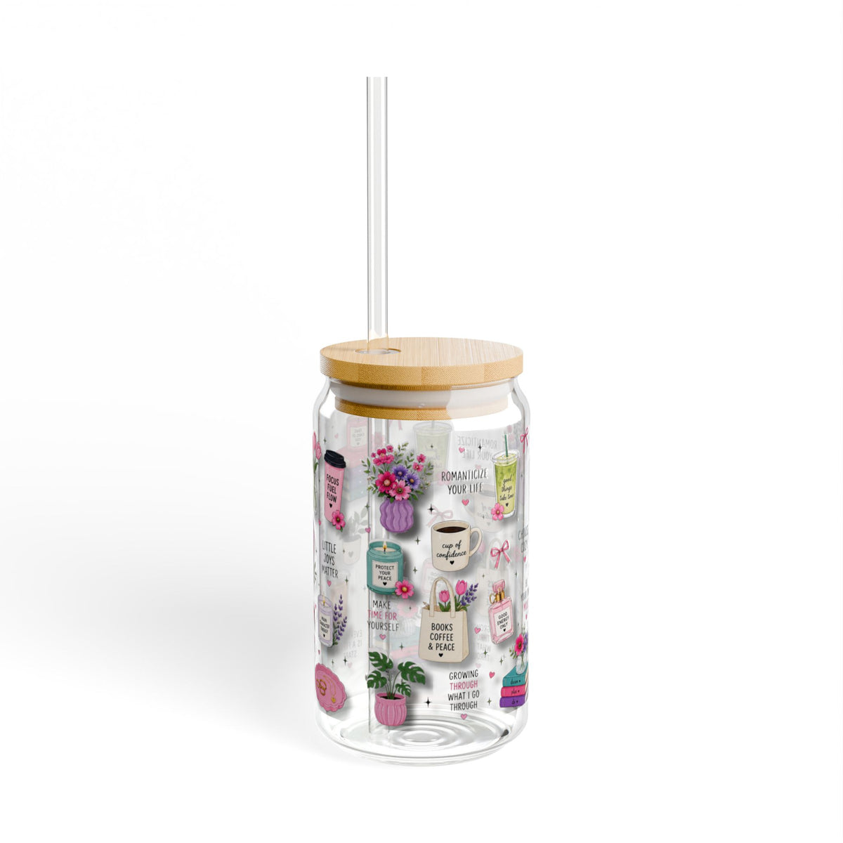 3D Patterned Sipper Glass — Cozy Coffee & Books 16oz Tumbler with Straw