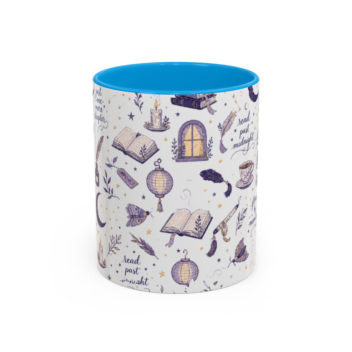 Moonlit Reading Ceramic Mug — Purple Magical Book & Tea Pattern (11oz/15oz)