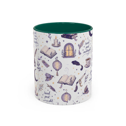 Moonlit Reading Ceramic Mug — Purple Magical Book & Tea Pattern (11oz/15oz)