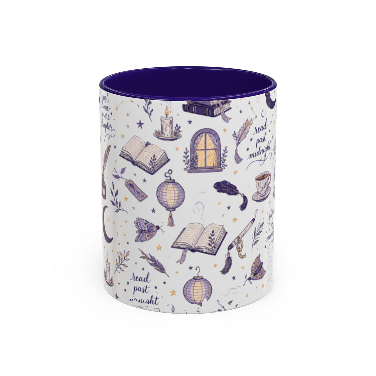 Moonlit Reading Ceramic Mug — Purple Magical Book & Tea Pattern (11oz/15oz)