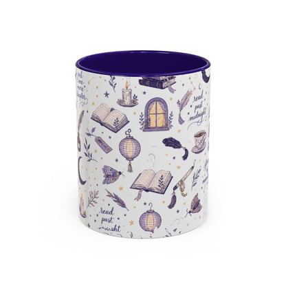 Moonlit Reading Ceramic Mug — Purple Magical Book & Tea Pattern (11oz/15oz)