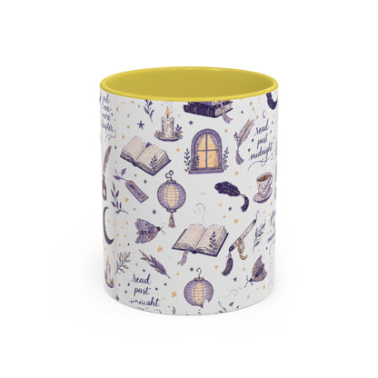 Moonlit Reading Ceramic Mug — Purple Magical Book & Tea Pattern (11oz/15oz)