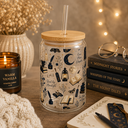 Mystic Reader Glass Sipper — 16oz Literary Witch Tea Tumbler