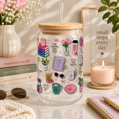 3D Patterned Sipper Glass — Cozy Coffee & Books 16oz Tumbler with Straw