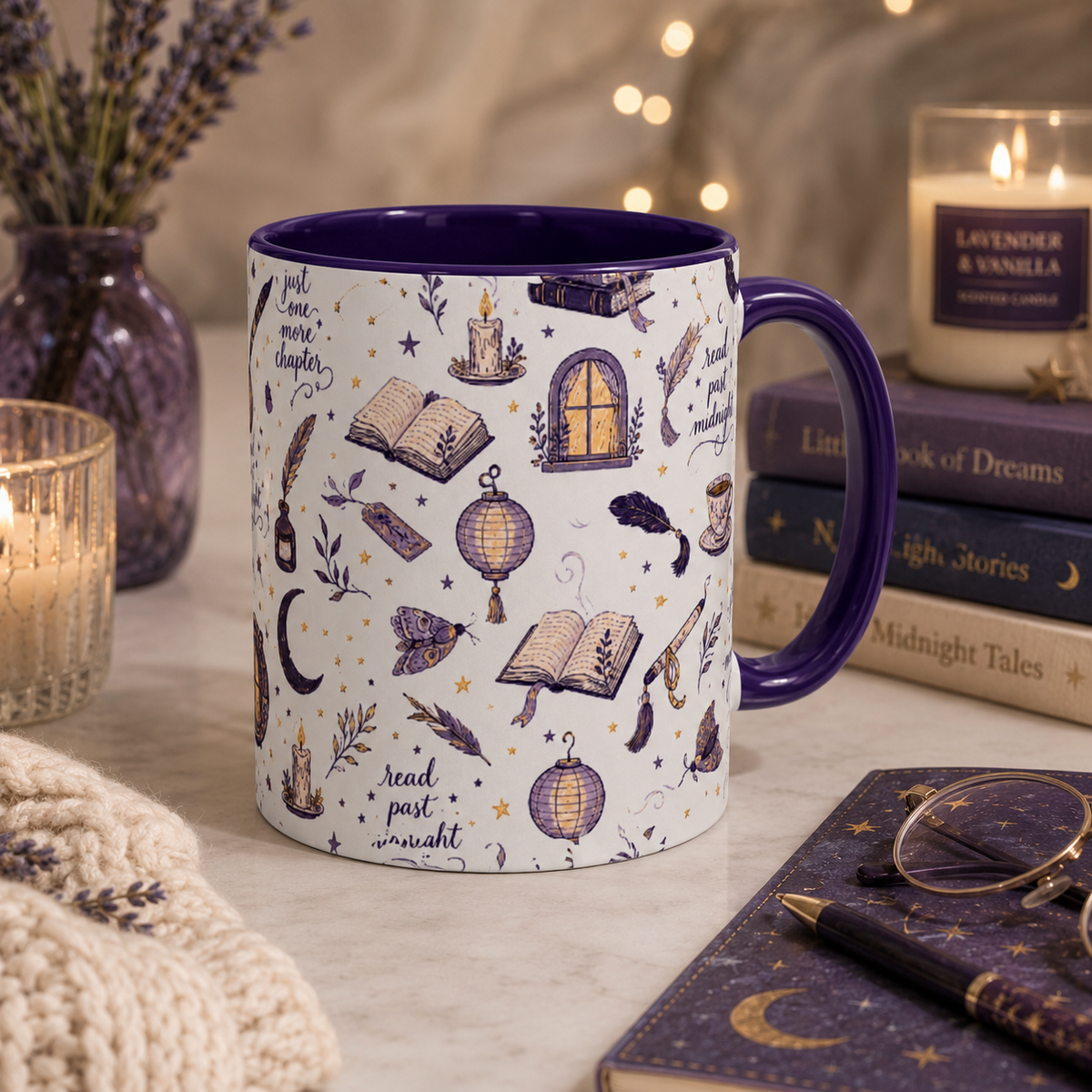 Moonlit Reading Ceramic Mug — Purple Magical Book & Tea Pattern (11oz/15oz)