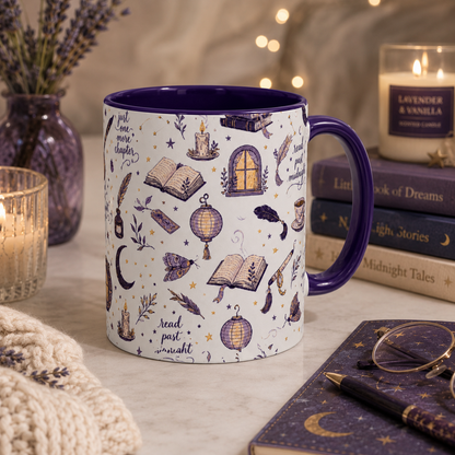 Moonlit Reading Ceramic Mug — Purple Magical Book & Tea Pattern (11oz/15oz)