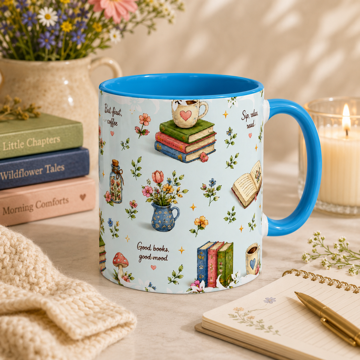 Book Lover Ceramic Mug — Cozy Reading Pattern (11oz & 15oz)