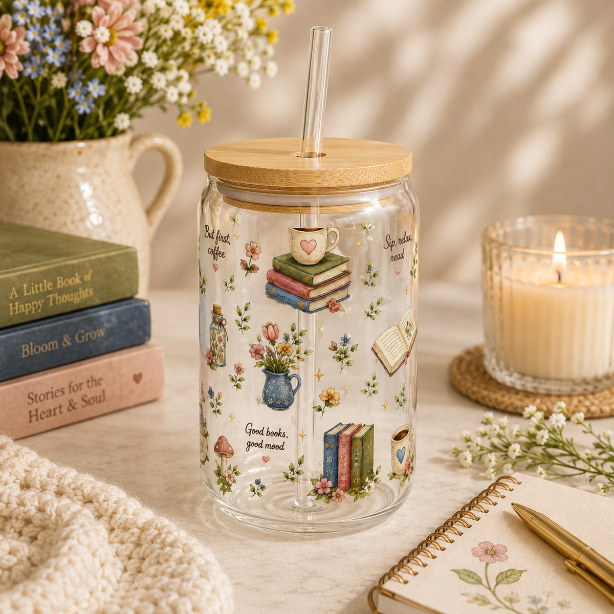 Book Lover Glass Sipper Tumbler — Floral Books & Tea Cozy Design